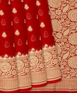 Red Handloom Banarasi Khaddi Georgette Saree With Floral Buttas
