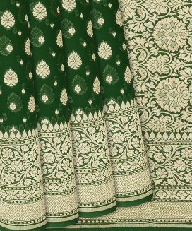 Dark Green Handloom Banarasi Khaddi Georgette Saree With Floral Buttas

