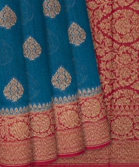 Blue Handwoven Tussar Silk Saree With Floral Motifs
