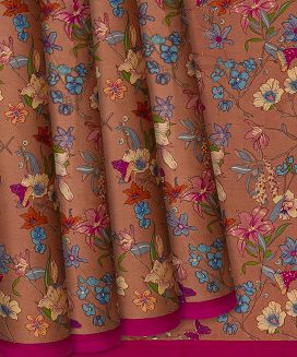 Brown Handwoven Satin Silk Saree With Printed Floral Motifs 
