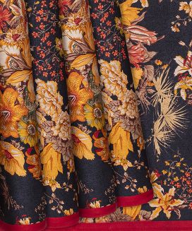 Black Handwoven Satin Silk Saree With Printed Floral Motifs 
