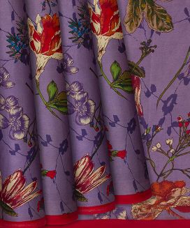 Lavender Handwoven Satin Silk Saree With Printed Floral Motifs 
