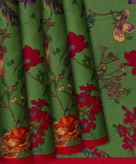 Green Handwoven Satin Silk Saree With Printed Floral Motifs 
