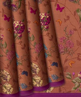 Rust Handwoven Satin Silk Saree With Printed Floral Motifs 
