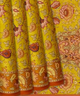 Mustard Handwoven Satin Silk Saree With Printed Floral Motifs 
