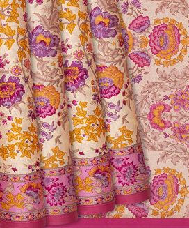 Cream Handwoven Satin Silk Saree With Printed Floral Motifs 
