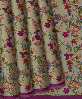 Taupe Handwoven Satin Silk Saree With Printed Floral Motifs 
