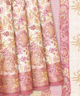 Off White Handwoven Satin Silk Saree With Baby Pink Printed Floral Motifs 
