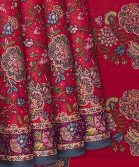 Red Handwoven Satin Silk Saree With Printed Floral Motifs 
