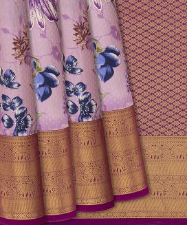 Lavender Handwoven Silk Saree With Printed Floral Motifs
