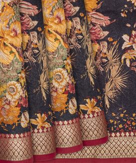Black Woven Moonga Tussar Silk Saree With Printed Floral Motifs 
