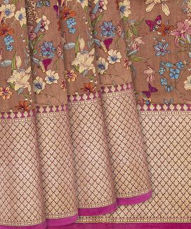 Brown Woven Moonga Tussar Silk Saree With Printed Floral Motifs 
