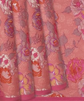 Pink Handwoven Satin Silk Saree With Printed Floral Motifs 
