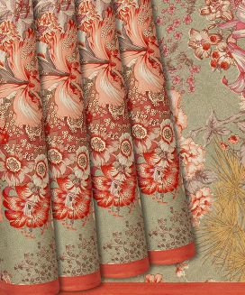 Taupe Handwoven Satin Silk Saree With Red Printed Floral Motifs 
