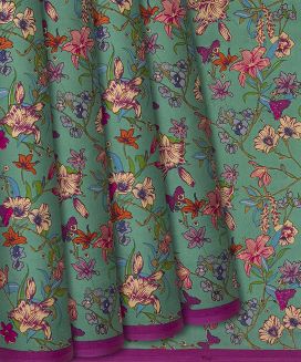 Sea Green Handwoven Satin Silk Saree With Printed Floral Motifs 
