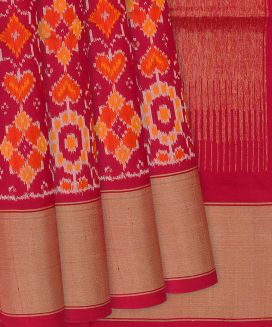 Red Handloom Pochampally Ikat Saree With Floral Motifs
