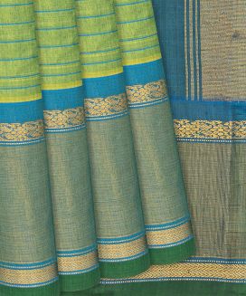 Green Handloom Gadwal Silk Cotton Saree With Stripes
