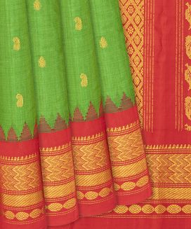 Leafy Green Handloom Gadwal Silk Cotton Saree With Mango Buttas

