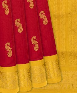 Red Handloom Silk Cotton Saree With Peacock Motifs
