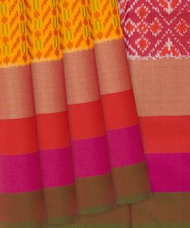 Yellow Handloom Pochampally Ikat Saree With Stripes
