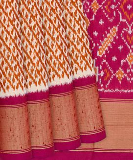 Orange Handloom Pochampally Ikat Saree With Stripes
