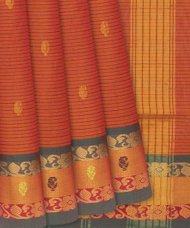 Orange Woven Kadapa Cotton Saree With Mango Motif Stripes
