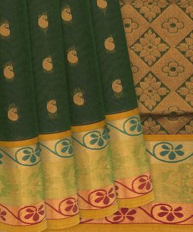 Green Woven Kadapa Cotton Saree With Mango Motifs
