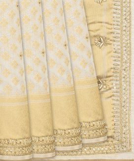 White Woven Chanderi Cotton Saree With Embroidered Floral Motifs
