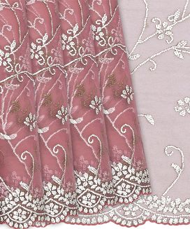 Peach Woven Silk Net Embroidered Saree With Floral Vine Motifs

