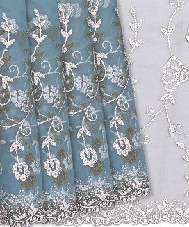 Light Blue Woven Silk Net Embroidered Saree With Floral Vine Motifs
