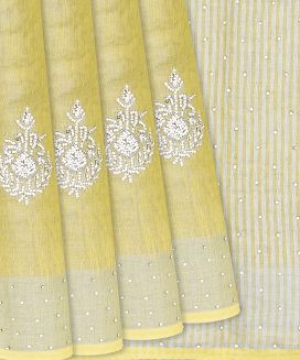 Yellow Woven Linen Saree With Embroidered Floral Motifs
