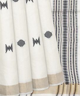 White Handwoven Tussar Silk Saree With Triangle Motifs
