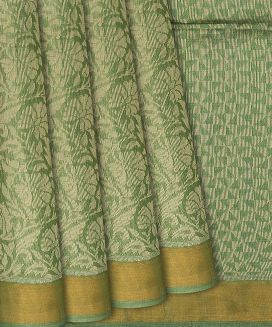 Green Handwoven Tussar Silk Saree With Floral Vine Motifs

