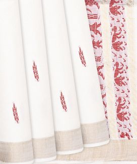 White Handwoven Tussar Silk Saree With Red Floral Motifs

