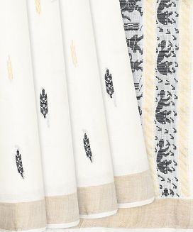 White Handwoven Tussar Silk Saree With Black Floral Motifs
