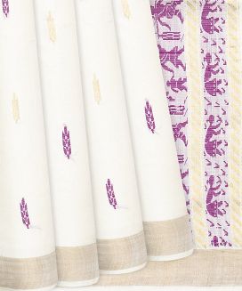 White Handwoven Tussar Silk Saree With Purple Floral Motifs

