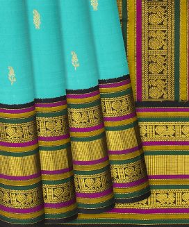 Turquoise Handloom Kanchipuram Korvai Silk Saree With Mango Buttas
