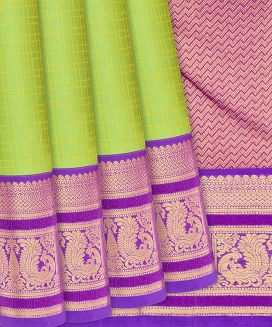 Light Green Handloom Kanchipuram Korvai Silk Saree With Checks
