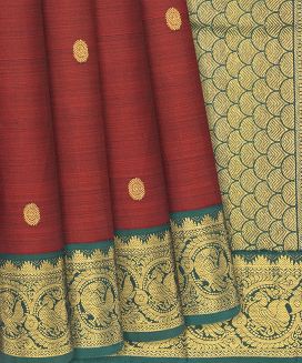 Crimson Handloom Kanchipuram Korvai Silk Saree With Buttas
