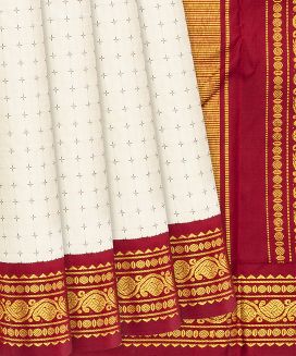 White Handloom Kanchipuram Korvai Silk Saree With Crimson Border
