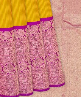 Yellow Handloom Kanchipuram Korvai Silk Saree With Stripes
