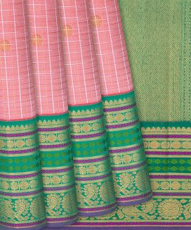 Baby Pink Handloom Kanchipuram Korvai Silk Saree With Checks

