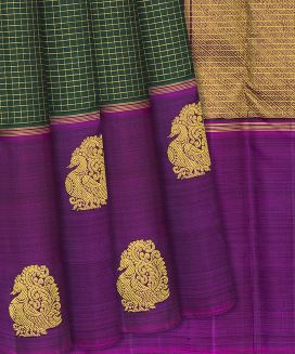 Dark Green Handloom Kanchipuram Silk Saree With Checks
