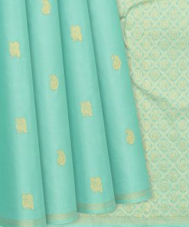 Turquoise Handloom Kanchipuram Silk Saree With Annam Motifs
