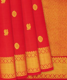Orange Handloom Kanchipuram Silk Saree With Annam Chakaram Buttas
