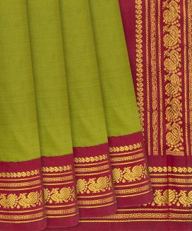 Leafy Green Handloom Kanchipuram Korvai Plain Silk Saree
