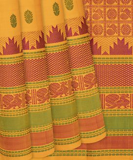 Yellow Handloom Kanchipuram Silk Saree With Floral Motifs
