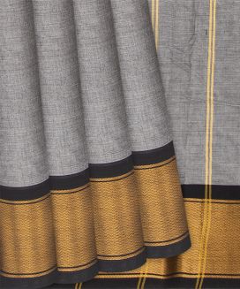 Grey Handloom Chettinad Cotton Saree With Black Zari Border
