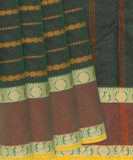 Bottle Green Handloom Chettinad Cotton Saree With Mango Stripes
