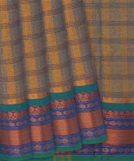 Taupe Handloom Chettinad Cotton Saree With Checks
